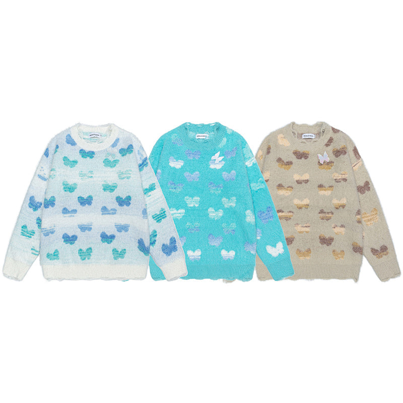 Butterfly Jacquard Distressed Fuzzy Crewneck Sweater