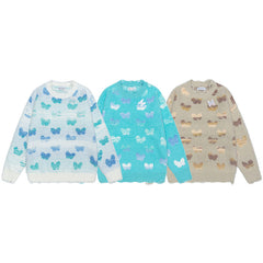 Butterfly Jacquard Distressed Fuzzy Crewneck Sweater