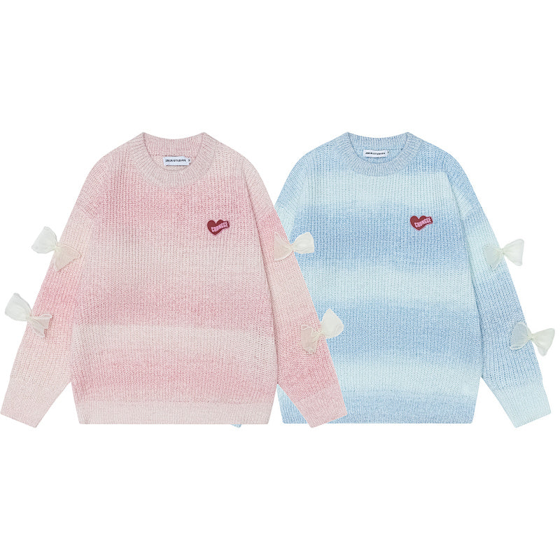 Gradient Knit Sweater Organza Bow & Heart Patch