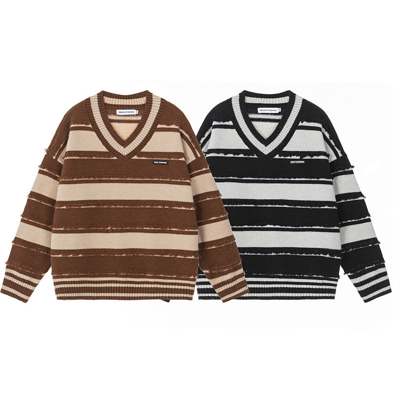 Frayed Stripe V‑Neck Knit Sweater
