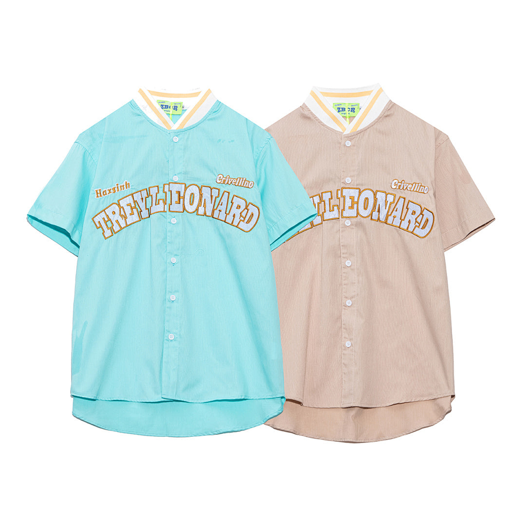 TREYLEONARD Letter Embroidered Short‑Sleeve Baseball Shirt
