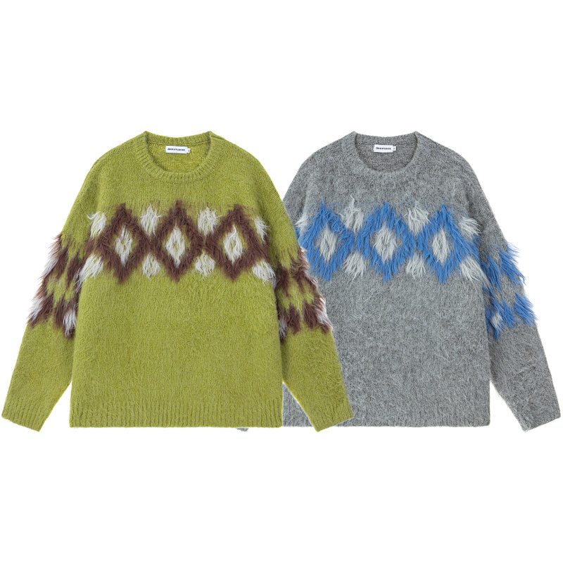 Fuzzy Geometric Diamond Jacquard Crewneck Sweater