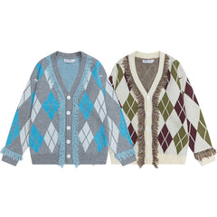 Argyle Tassel Fringe V‑Neck Knit Cardigan