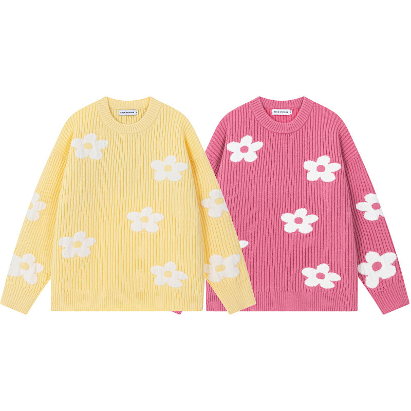 Floral Motif Ribbed Crewneck Knit Sweater