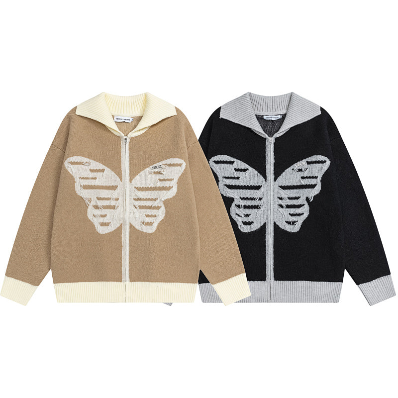 Butterfly Distressed Zip‑Up Knit Jacket
