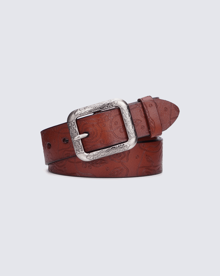 Retro Floral Embossed Leather Belt with Vintage Buckle – Chestnut Brown
