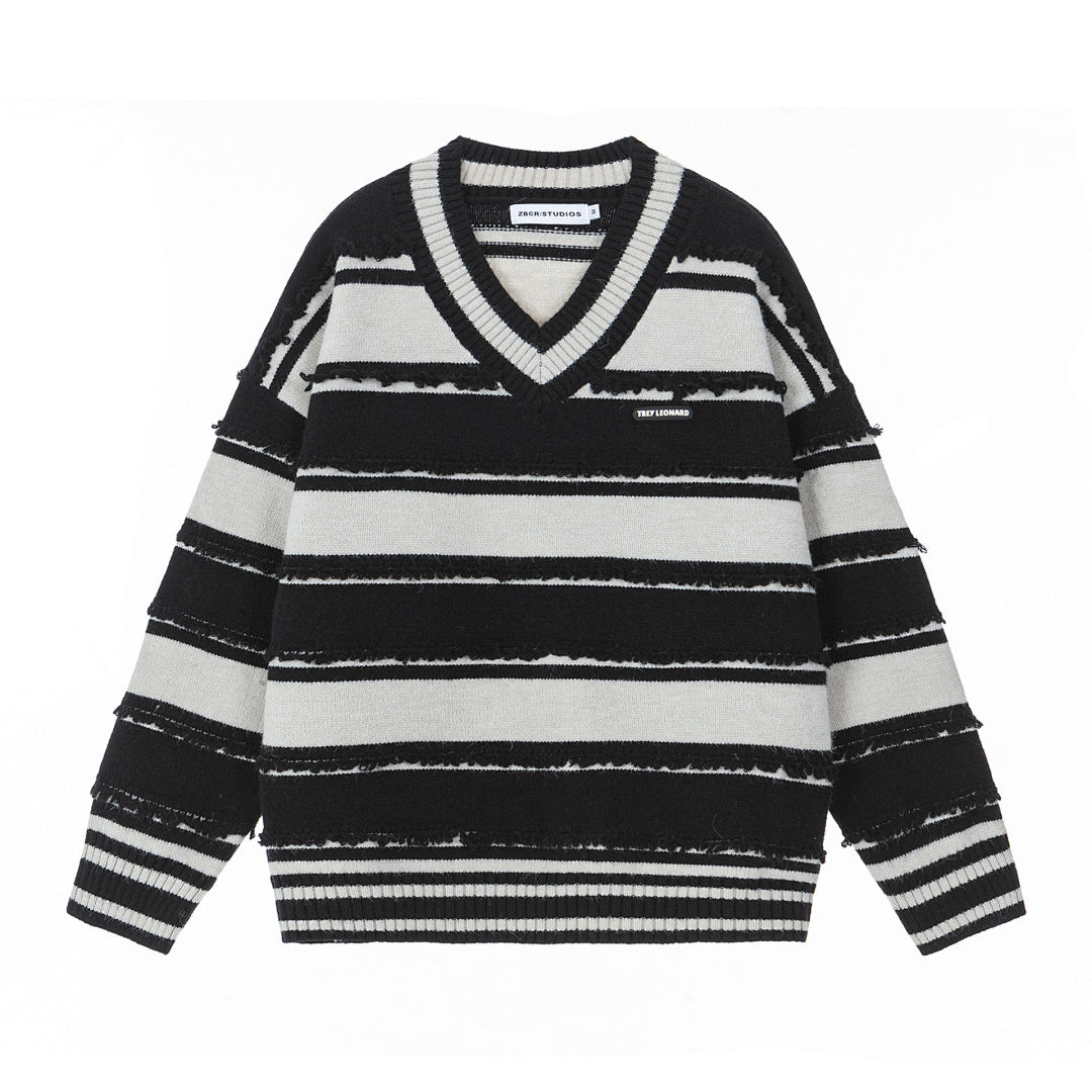 Frayed Stripe V‑Neck Knit Sweater