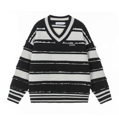 Frayed Stripe V‑Neck Knit Sweater