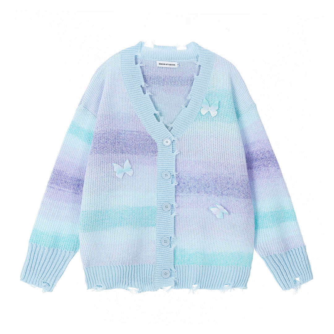 Gradient Tie‑Dye Distressed Cardigan 3D Butterfly Appliqué