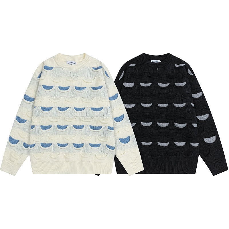 3D Layered Crescent Jacquard Crewneck Sweater