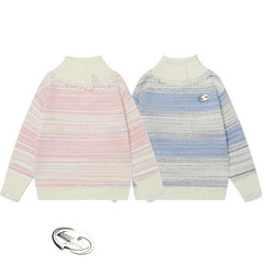 Pastel Stripe Fringe Collared Knit Sweater