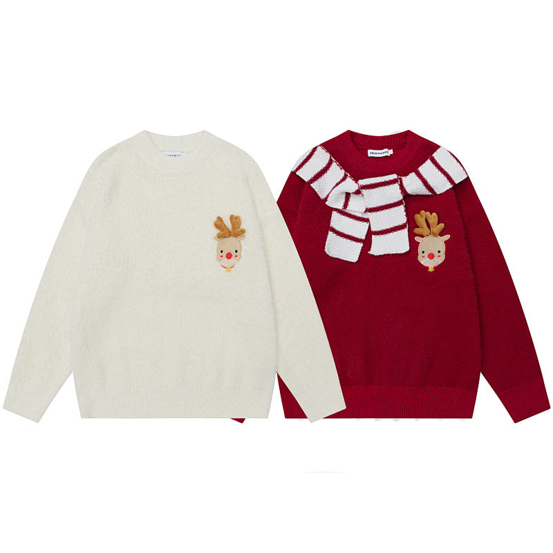 3D Reindeer Applique Fuzzy Crewneck Sweater