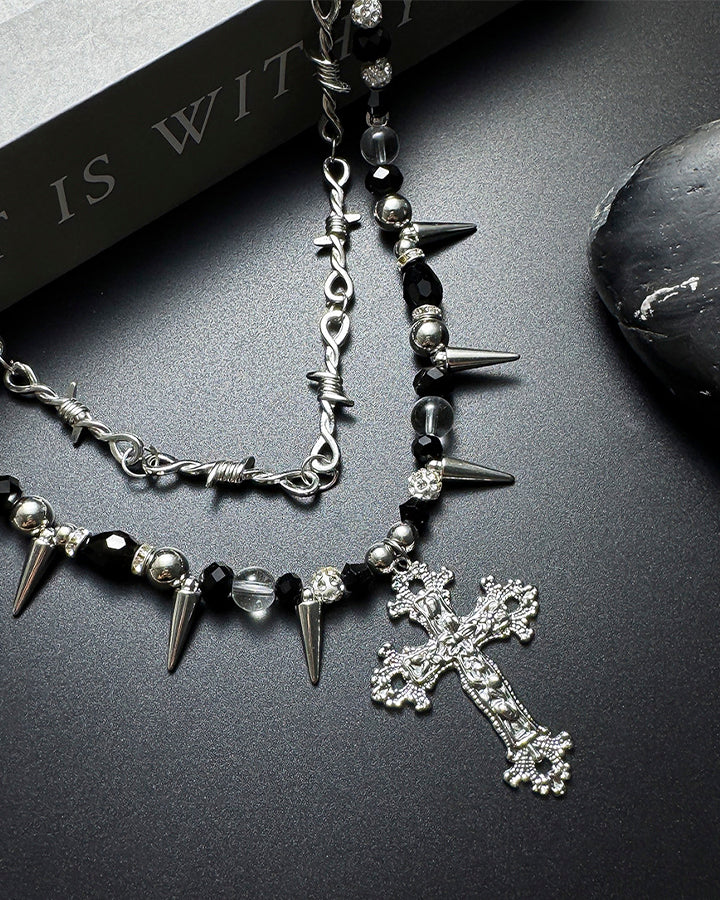 Layered Cross Spike Beaded Necklace