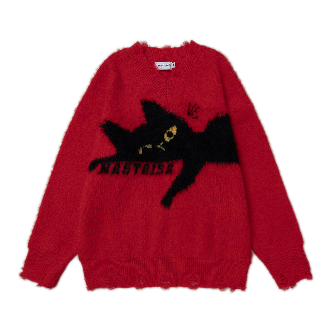 Distressed V‑Neck Black Cat Graphic Fuzzy Knit Sweater
