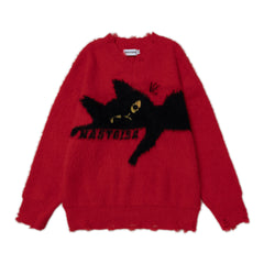 Distressed V‑Neck Black Cat Graphic Fuzzy Knit Sweater