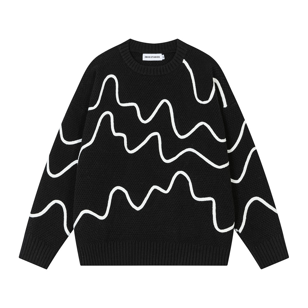 3D Wave Line Applique Knit Sweater