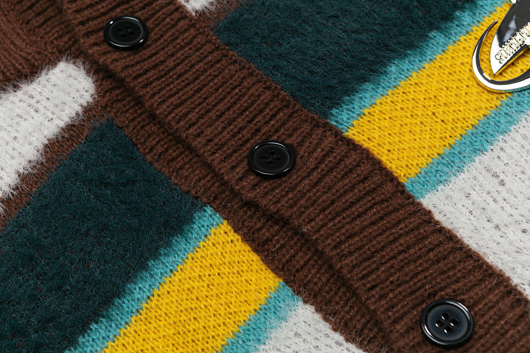 Fuzzy Button Placket Stripe Mock Neck Knit Sweater