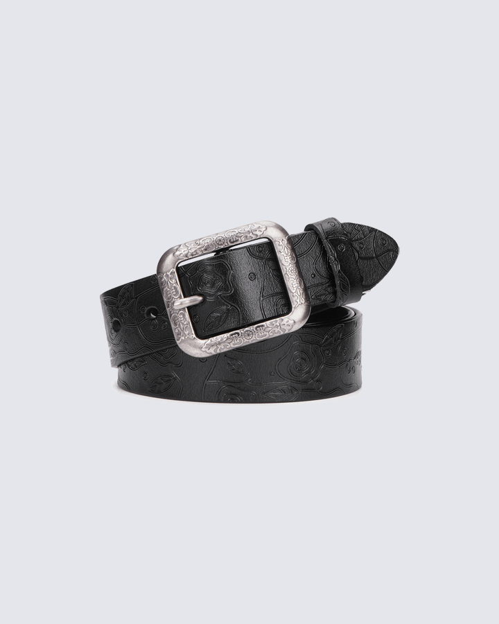 Retro Floral Embossed Leather Belt with Vintage Buckle – Chestnut Brown