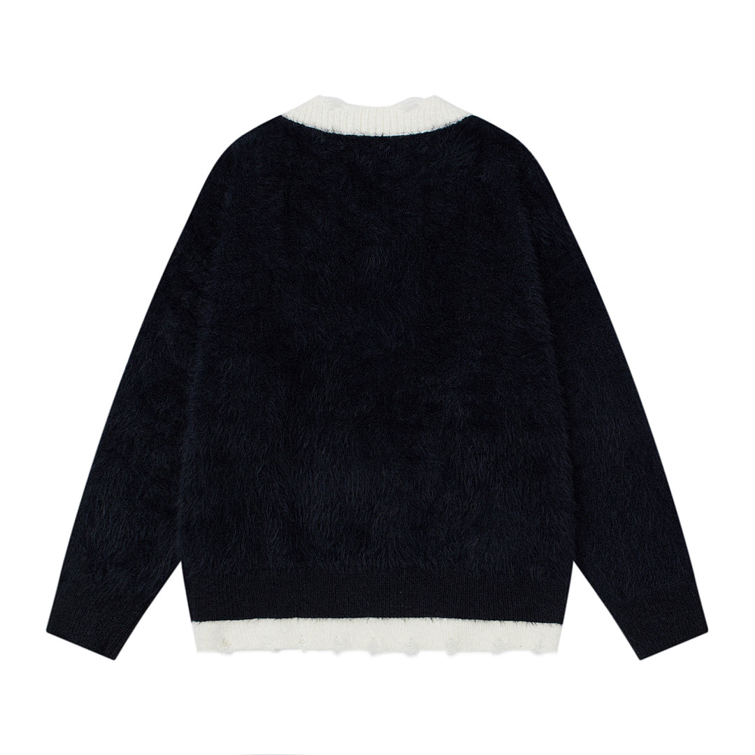 Faux Mink Plaid Scarf‑Decor V‑Neck Knit Sweater