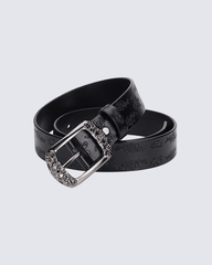 Vintage Floral Embossed Leather Belt with Ornate Buckle