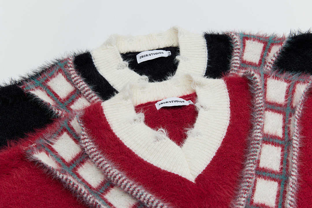 Faux Mink Plaid Scarf‑Decor V‑Neck Knit Sweater
