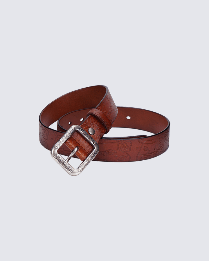 Retro Floral Embossed Leather Belt with Vintage Buckle – Chestnut Brown