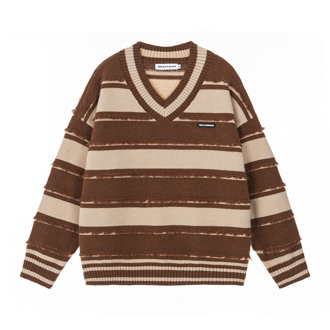 Frayed Stripe V‑Neck Knit Sweater