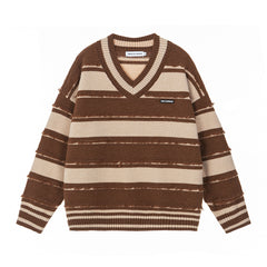Frayed Stripe V‑Neck Knit Sweater