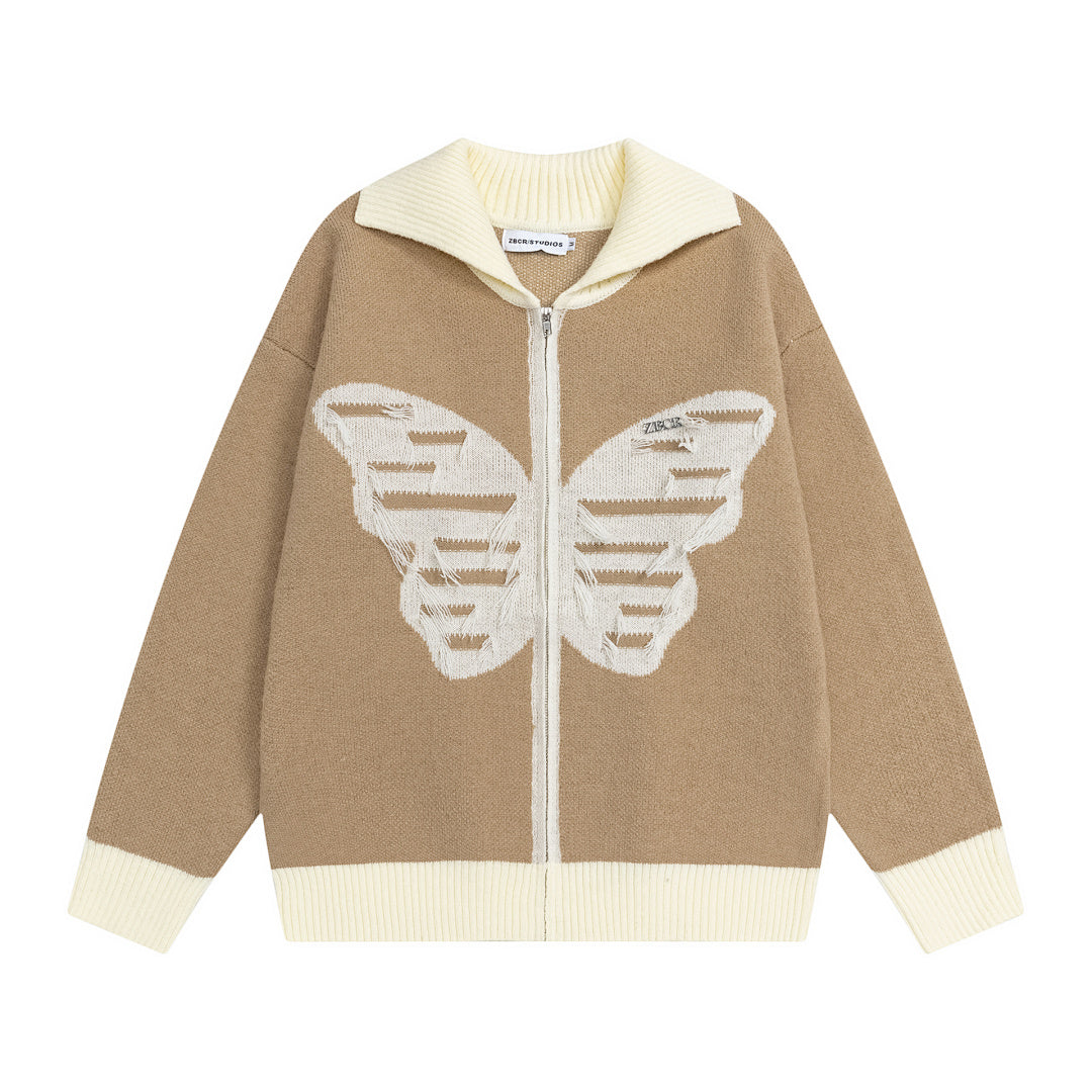 Butterfly Distressed Zip‑Up Knit Jacket