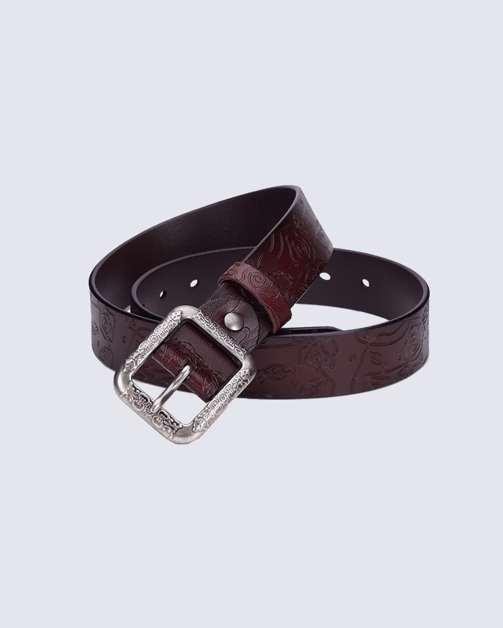 Retro Floral Embossed Leather Belt with Vintage Buckle – Chestnut Brown