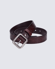 Retro Floral Embossed Leather Belt with Vintage Buckle – Chestnut Brown