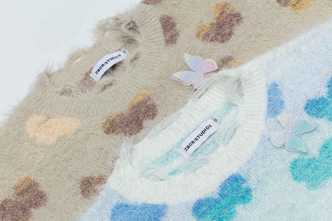 Butterfly Jacquard Distressed Fuzzy Crewneck Sweater