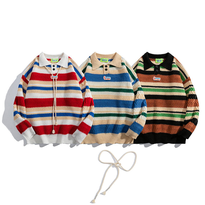 Multicolor Stripe Textured Polo Knit Sweater