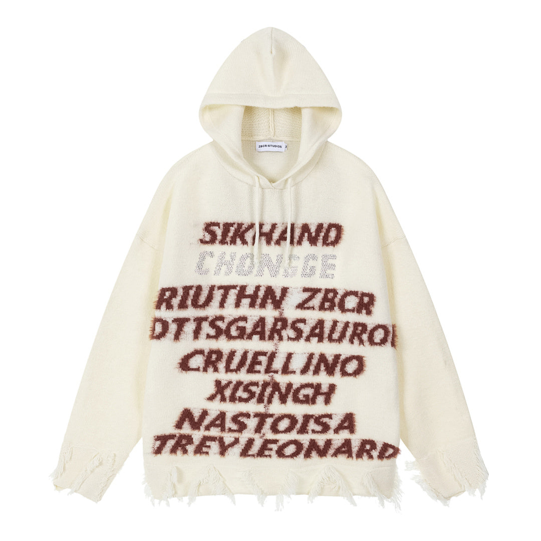 Distressed Fringe Knit Hoodie Multi‑Layer Letter Jacquard