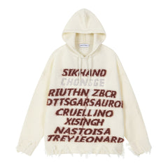 Distressed Fringe Knit Hoodie Multi‑Layer Letter Jacquard