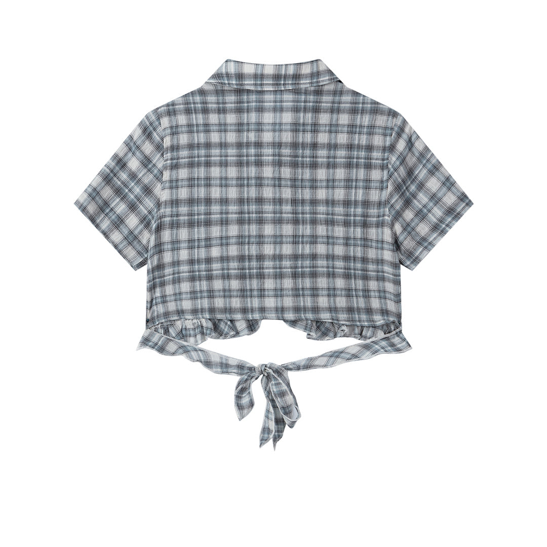 Plaid Ruffle Hem Tie‑Back Cropped Shirt