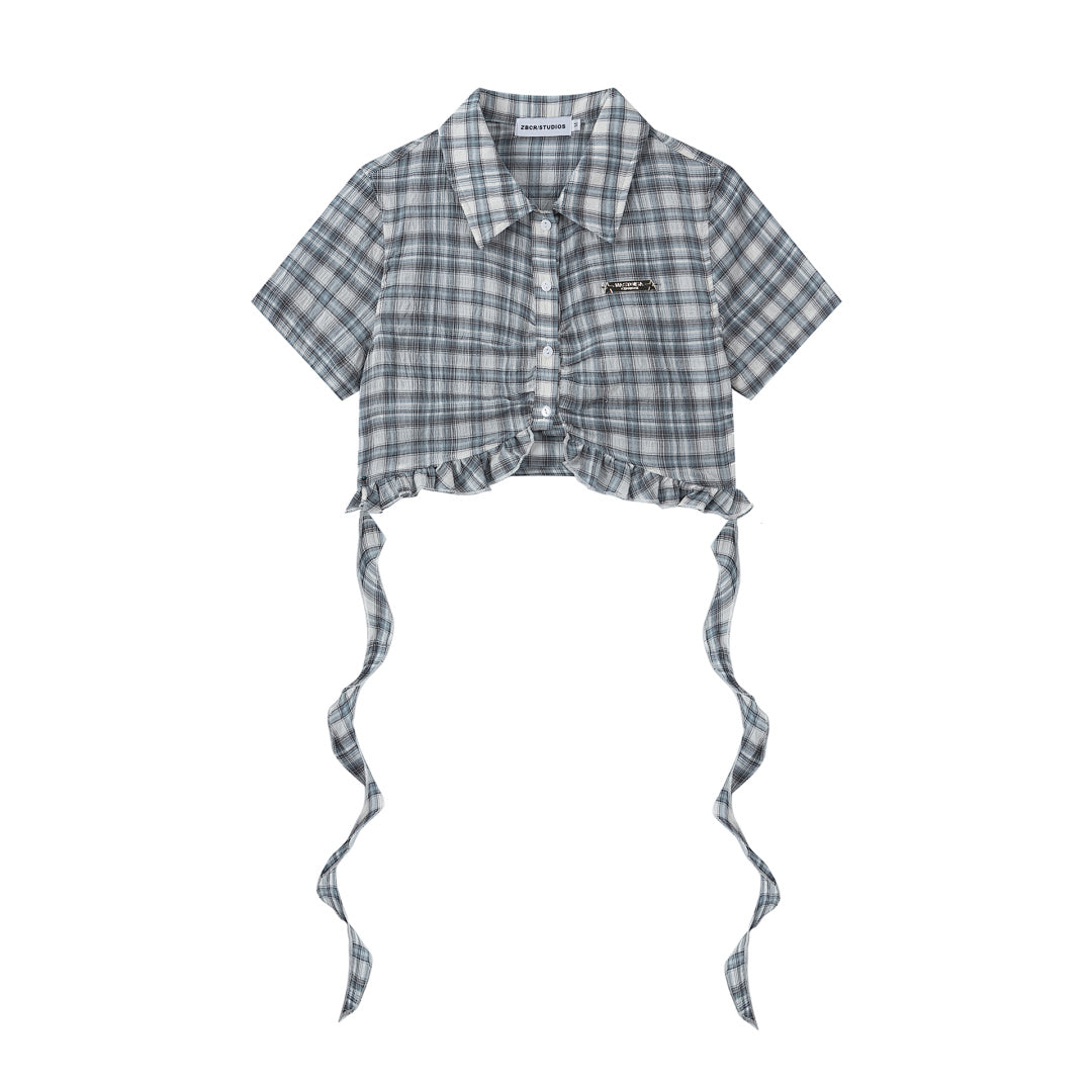 Plaid Ruffle Hem Tie‑Back Cropped Shirt