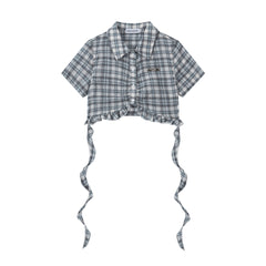 Plaid Ruffle Hem Tie‑Back Cropped Shirt