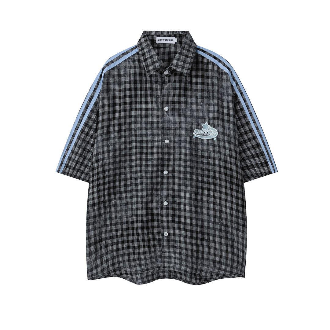 Gingham Side Stripe Star Embroidered Short Sleeve Shirt