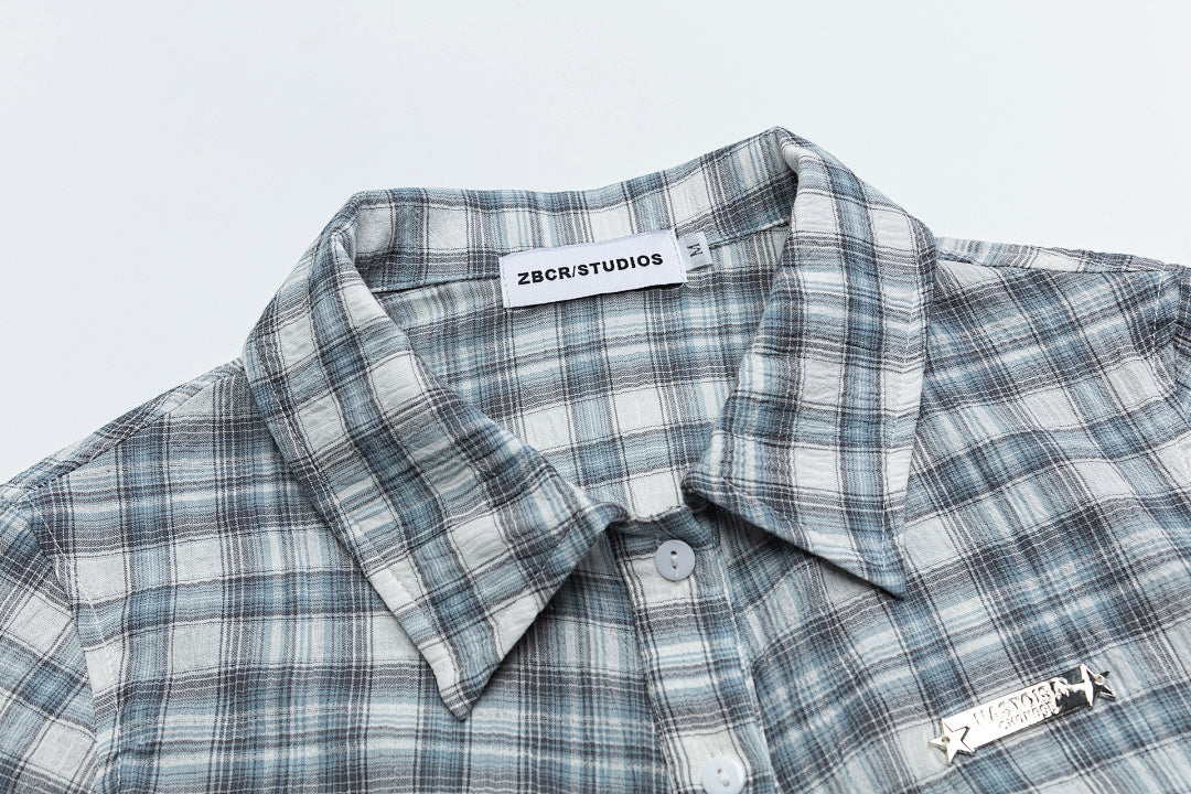 Plaid Ruffle Hem Tie‑Back Cropped Shirt