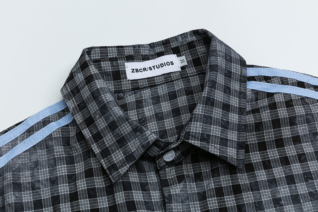 Gingham Side Stripe Star Embroidered Short Sleeve Shirt