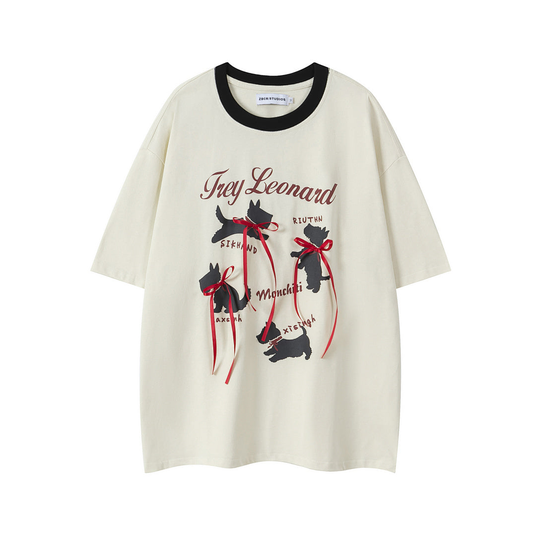 Dog Silhouette Print Red Ribbon Ringer Tee