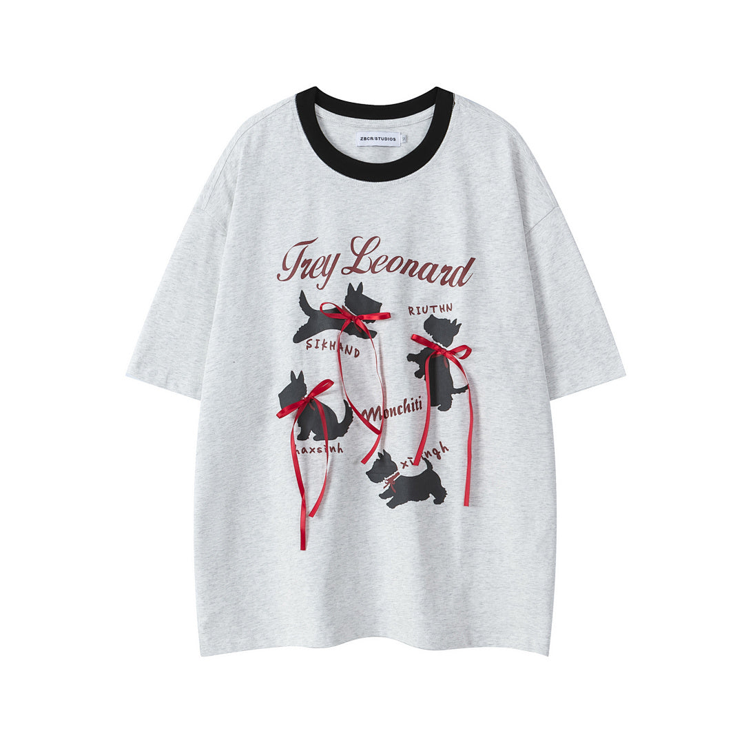 Dog Silhouette Print Red Ribbon Ringer Tee