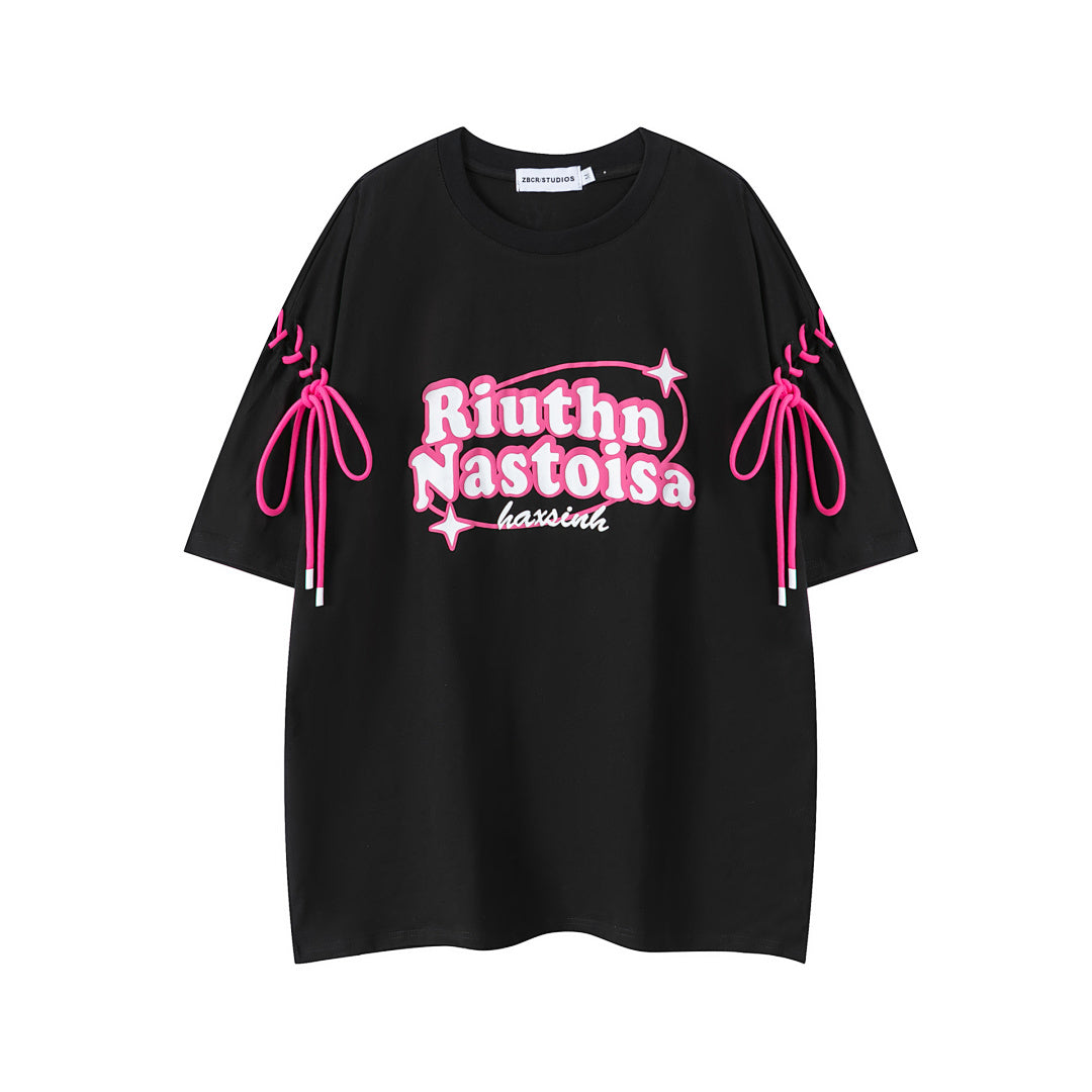 Retro Font Print Side Sleeve Lace‑Up Oversized Tee