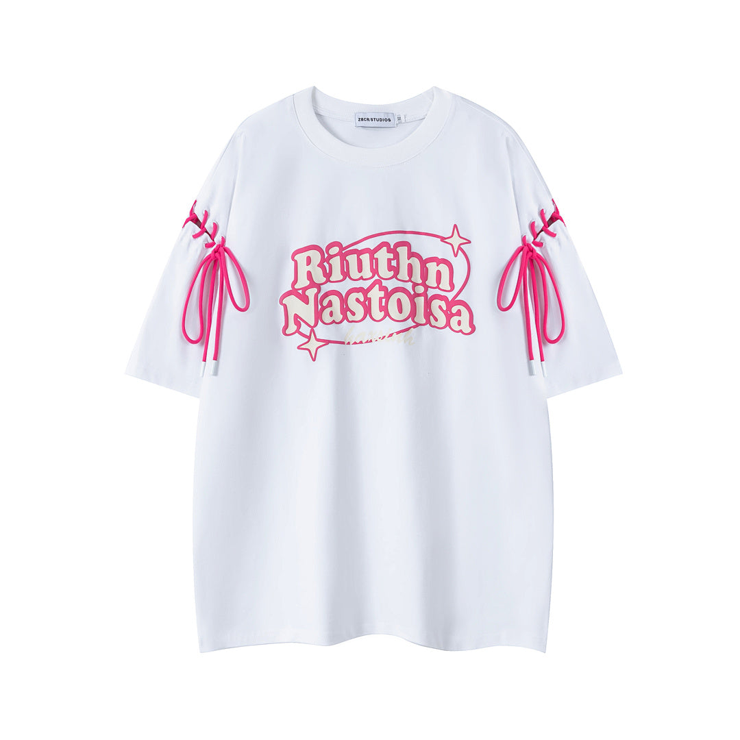 Retro Font Print Side Sleeve Lace‑Up Oversized Tee