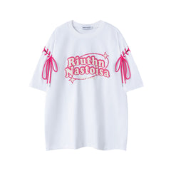 Retro Font Print Side Sleeve Lace‑Up Oversized Tee
