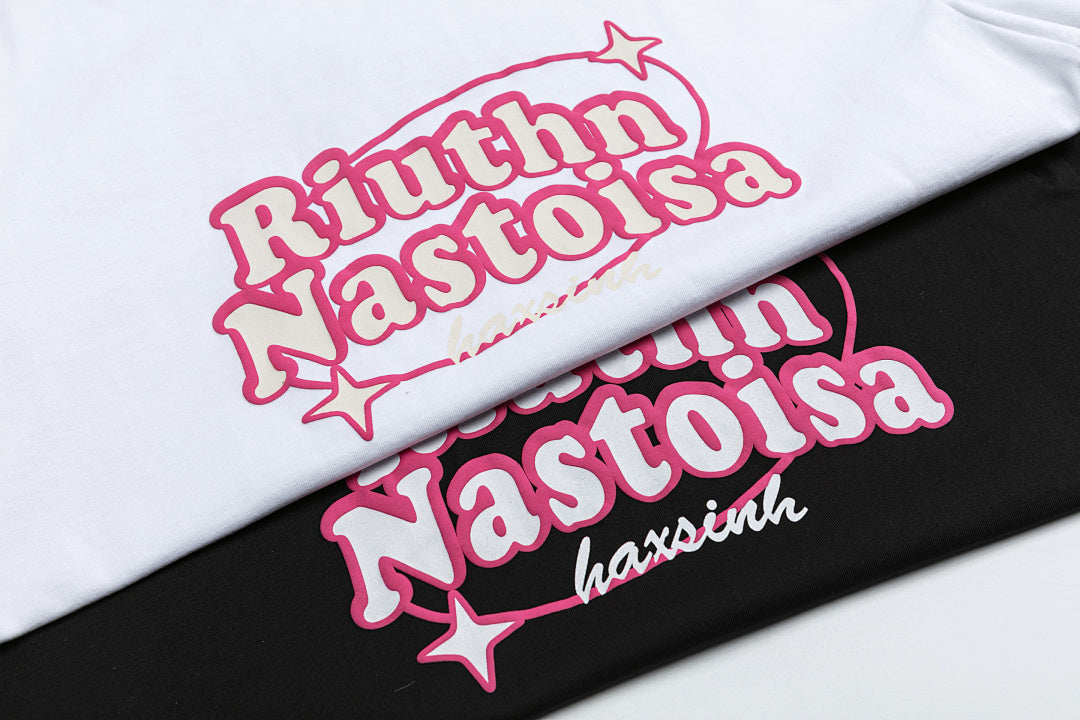 Retro Font Print Side Sleeve Lace‑Up Oversized Tee