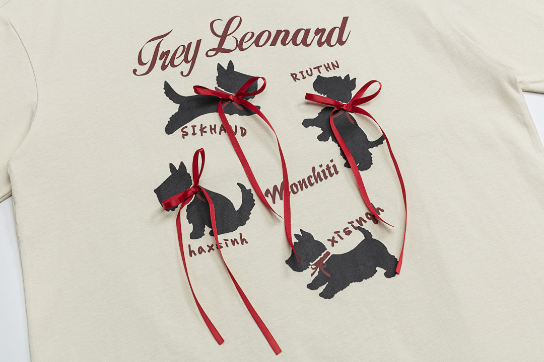 Dog Silhouette Print Red Ribbon Ringer Tee