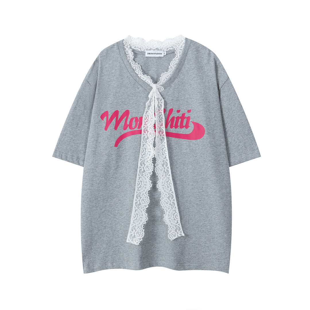 Lace Ribbon Bow Letter Print V‑Neck Tee
