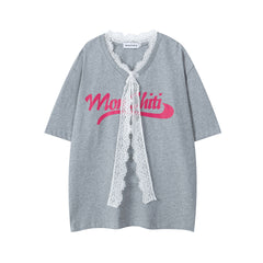 Lace Ribbon Bow Letter Print V‑Neck Tee
